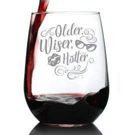 Bevvee Older Wiser Hotter - Stemless Wine Glass - Funny Birthday Gifts for Women - Large 17 Ounce