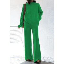 Fixmatti Women's 2 Piece Outfits High Neck Sweater Wide Leg Knit Pant Lounge Set Sweatsuit