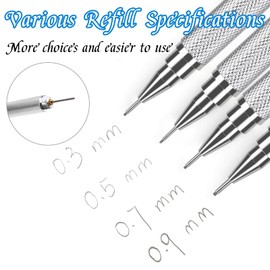 Tikplus Tikplus Druckbleistift 0,3/0,5/0,7/0.9 mm, 4 Tuben (48 Stück) Bleistiftmine HB Mienenbleistift und 2 Stück Radiergummi, Metall Mechanical Pencil für Skizzieren Zeichnen Schreiben (Silber)