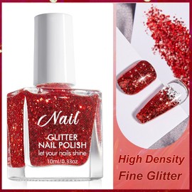 KAHSOSE Red Glitter Nail Polish, Air Dry Red Sparkle Nail Polish, Fine Red Glitter Gel Polish, Vegan Red Sparkly Nail Polish for Women Girls, Non Toxic Red Shimmer Nail Polish, 10ML