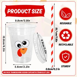 FYSUIMU 100Pcs 12Oz Fall Thanksgiving Plastic Cups with Lids and Straws Funny Cartoon Turkey Expression Cold Beverage Drinking Cups for Autumn Harvest Party Supplies
