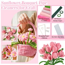 544 Pcs Pink Pipe Cleaners Kit for Craft, 500 Pcs 5 Colors Chenille Stems with 10 Wrapping Paper 30 Floral Stems 2 Floral Tapes 2 Gift Ribbons, DIY Pipe Cleaner Flowers for Decoration/Gift Bouquet