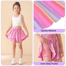 EllaSeek Girls Flowy Shorts Kids Athletic 2 in 1 Butterfly Skorts Teen Girls' Sparkle Shiny Running Skirts with Pockets for Tennis Fitness Dance Sports, Red, 11-12 Years