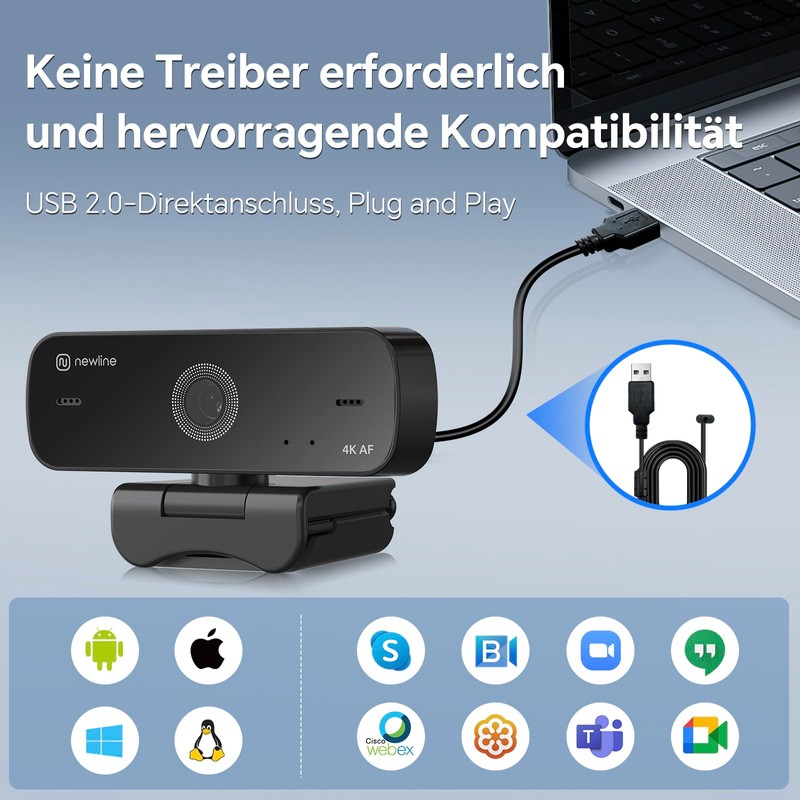 N newline PC Webcam 4k/30fps mit 2 Mikrofonen mit Rauschunterdrückung,