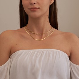 CHESKY Necklace for Women, 14k Gold Plated Layered Herringbone Paperclip Chain and Double Snake Chain Necklace Dainty Choker Necklaces