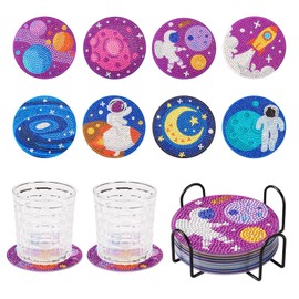 Boutigem 8Pcs Space Theme Diamond Painting Coaster 5D Diamond Non-Slip Cup Mat with Holder Cork Rhinestone for Beginners Adults DIY Art Craft Supplies
