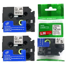 LM Tapes 2/Pack 12mm Black on White Tape for P-touch Model PT2100, PT-2100 Label Maker