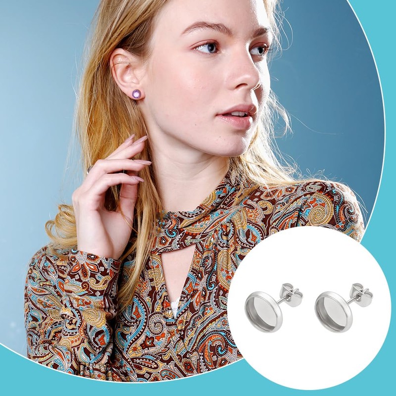 UNICRAFTALE 200pcs Flat Round 304 Stainless Steel Stud Earring Cabochon