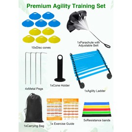 Panykoo Speed Agility Training Equipment Set - 20ft Agility Ladder, 10 Disc Cones, Resistance Parachute, 5 Resistance Bands & Carry Bag | Football Soccer Basketball Fitness Drills for Kids Adults