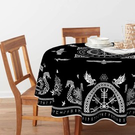 Horaldaily Tarot Altar Tablecloth 60x60 Inch Round, Black Viking Tree of Life Raven Helmet of Awe Washable Seasonal Table Cover for Party Picnic Dinner Decor