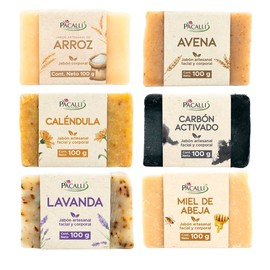 PACALLI Jabones Artesanales 6 Pack; Arroz, Avena, Caléndula, Carbón Activado, Lavanda y Miel. Ingredientes de origen natural, hechos a mano