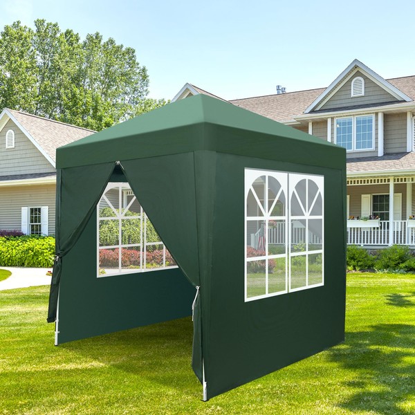 Bonnlo Pop Up Gazebo with Sides 2m x 2m Easy One Person Setup Instant Outdoor Gazebo Folding Garden Gazebo Party Tent (Green)