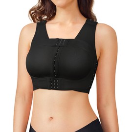 Junlan Post Surgery Sports Bra Front Closure Compression Bra for Women Mastectomy with Removable Breast Support Band (Black,S)