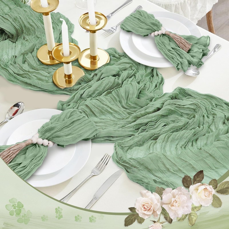eZAKKA Sage Green Cheesecloth Table Runner, Gauze Boho Rustic Table