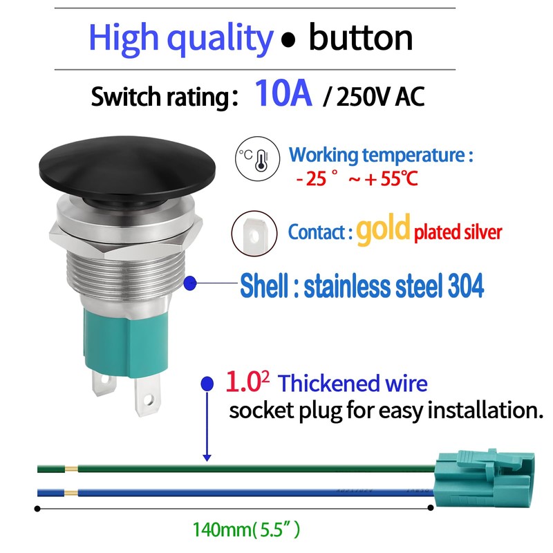 10 Amp 19mm Momentary Push Button Switch 3/4" Hole Mushroom