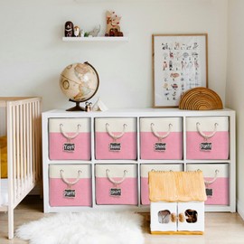 Dyvavna storage cubes 11x11x11[6 Pack],Fabric Storage Cubes with Rope Handles, Eco-Friendly Linen Collapsible Organizers for Closet, Nursery, Toys, Office, Bathroom – Dual Color Design.(White&Pink)