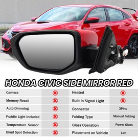 MOFOAP Driver Side View Mirror Compatible With 2016 2017 2018 2019 2020 2021 Honda Civic Coupe Sedan Hatchback,Mirror with Power Glass,Non-Heated,Manual Folding(Red)