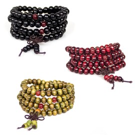 PWMENLK 108 Mala Beads Bracelets Meditation Necklace 3pc 8mm Wood Prayer Beads Buddhist Wooden Beaded Tibetan Buddha Bead Sandalwood Beaded Necklace for Men Women(red black green)