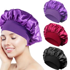 AOOTUERL Pack of 3 Silk Bonnet for Sleeping, Sleep Cap, Silk Curls, Breathable Silk Sleep Cap, Adjustable Silk Bonnet, Silk Bonnet for Sleeping, Soft Satin Hood for Women, Black, Red, Purple