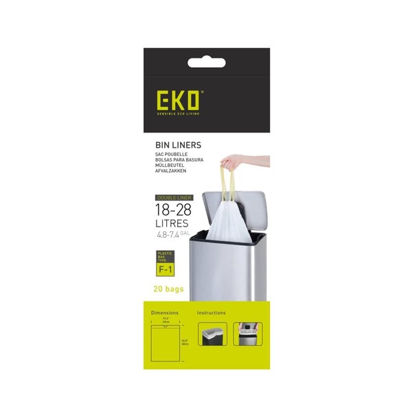 EKO Size F-1 Bin Liners For Dual Compartment Kitchen Bins - 18 - 28 Litre Capacity - Extra Strong Bags with Drawstring Tie Handles - 20 Bags, White