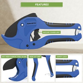 BLOSTM Plastic Pipe Cutter - Heavy Duty Ratchet Pipe Cutters with 42mm Outside Diameter Cutting Capacity for PVC PEX PPR Plastic Pipes & Rubber Hoses, Ergonomic Non-Slip Handle & Safety Lock (Blue)