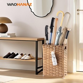 WAOHANAZ Rattan Umbrella Stand, Umbrella Holder for Entryway, Hand Woven Umbrella Rack Organizer Freestanding, with a Detachable Drip Tray, 4 Hooks, 11.8" L x 5.5" W x 16.5" H