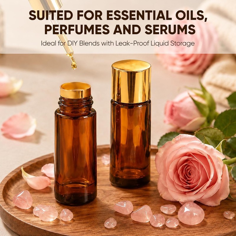 50ML Rose Quartz Roller Bottle for Castor Oil, Amber Glass