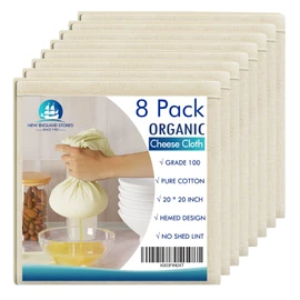 8 PCS Reusable Cheesecloth, Grade 100, 20x20 Inch Hemmed Organic Cheese Cloth for Straining Craft, 100% Cotton Unbleached Cloth Strainer for Cooking, Baking, Juicing, Cheese Making