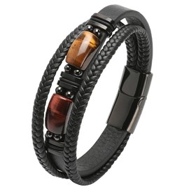 Edulex Mens Cuff Yellow Brown Tiger Eye Bracelet - Stainless Steel Black Leather Bracelets for Men - Multilayer Row Punk Jewelry