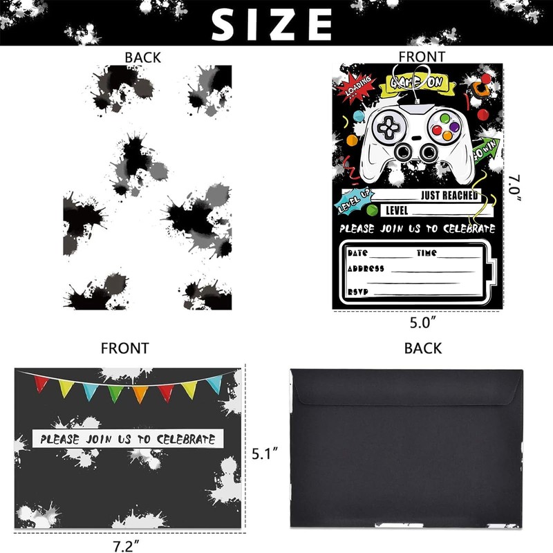 WERNNSAI Watercolor Video Game Party Invites - 20 Set Fill-in