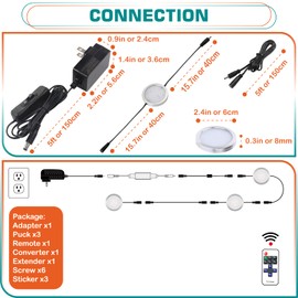 Lvyinyin Book Case Lights, Halogen Under Cabinet Puck Light Replacement, Dimmable RF LED Remote Controller, 120V Wall Plugged in Adapter, Linkable Black Cables, Warm White 2700K, 3 Lights