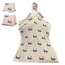 Cute Baby Blanket with Adorable Panda Design - Soft Knitted Cotton Swaddle Blanket for Newborns, Infants, and Toddlers, Stroller Cover, Play Mat, and Nursery - 39 x 31 in (Beige)