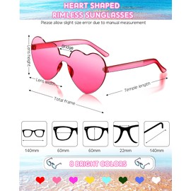 Frienda 8 Pairs Heart Shaped Sunglasses for Women Rimless Heart Glasses Candy Color Sunglasses for Party Favor(Brilliant Color)