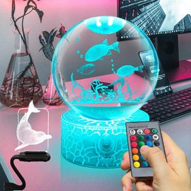 Fanrui 3D Fish Underwater World Figurine Crystal Ball Night Light, 3.15 Inchs 80MM Fish Crystal Glass Sphere Lamp with Cracked Stand,16 Colors Change LED Remote Control Dimmable Lamp,Child Xmas Gifts