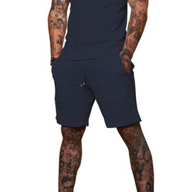 Redqenting - Pantalones cortos casuales para hombre de 8 pulgadas con bolsillos, pantalones cortos deportivos con cordón, pantalones cortos de verano para salón de gofre (talla 28 a 40), marino, 40