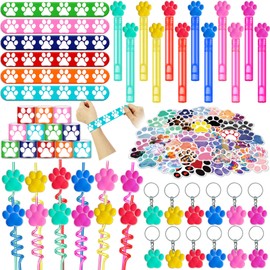 JJWYLTKB 98pcs Paw Print Dog Party Favors Set, Paw Print Party Supplies with Slap Bracelets, Bubble Wands, Paw Stickers, Straws & Keychains Birthday Goodie Bags for Puppy Birthday Party Supplies