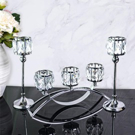 KEHAIL 3 Arms Crystal Candle Holders, Arch Candlestick Table Candelabras Centerpieces for Wedding, Dinning Room, Cabinet Ornaments, Home Decoration， Gift (3-arm Arched Set, Silver)