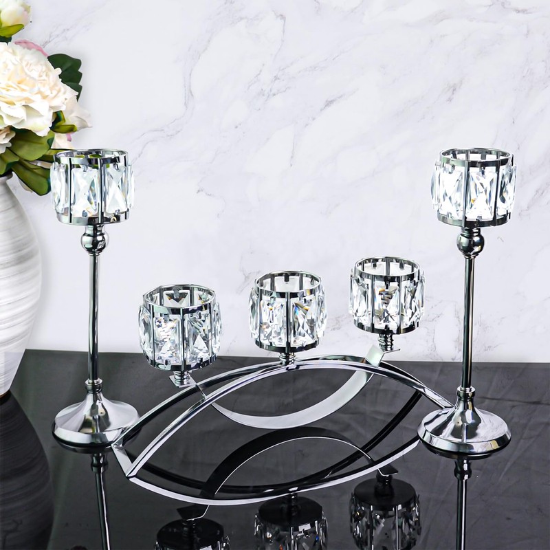 KEHAIL 3 Arms Crystal Candle Holders, Arch Candlestick Table Candelabras