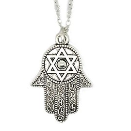 JewelleryJoy Hamsa Hand Necklace Fatima Palm David Star Pendant in an Organza Gift Bag