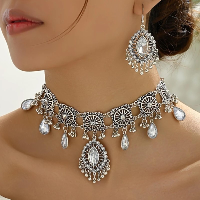 Indian Jewelry Set for Women Traditional Necklace and Dangling Jhumka