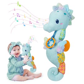 Baby Toys 0-6 Months,Infant Musical Seahorse Stuffed Animals Sensory Toys with Bright Colors,Multiple Textures,Rattles & Crinkle Sound Paper,Soft Tummy Time Toy for Newborn Boys Girls 0-12 Months-Blue