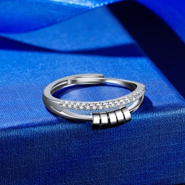 Deyanse Anxiety Ring, 925 Sterling Silver Anti-Stress Ring, Bead Spinner Anxiety Rings for Women, Anxiety Ring, Silver Adjustable Rings, Open Adjustable Spinner Fidget Ring, Anti-Stress Ring, stone,