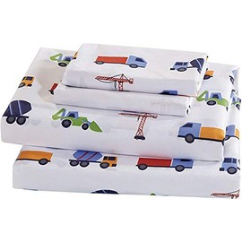 Linen Plus Sheet Set for Kids Trucks Construction Cranes Cement Mixer Backhoe Loader Blue Red Green Yellow White Flat Sheet Fitted Sheet and Pillow Cases Full Size New