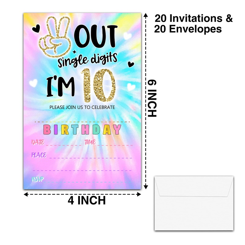 YSTEP Tie Dye 10th Birthday Party Invitations, 20 Invite Cards
