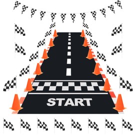 Windspeed 12+24 Racing Checkered Flags and Traffic Cones for Race Car Party, 24 Checkered Flags with Stick/ 12 Racing Traffic Cones/ 3Meter Checkered Triangle Flag/ 2Meter Racetrack Floor Running Mat