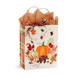 NWP Pumpkin Plaid Paper Shopping Bags - Cub Size - 8 x 4.75 x 10in. - Pack of 25