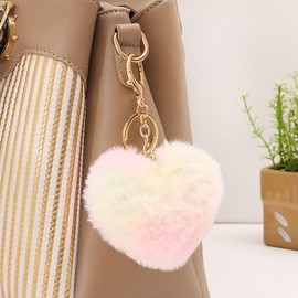 JOIUXNER Plush Keyring with Love Heart Cute Pom Pom Fluffy Fur Ball Key Ring Car Bag Backpack Soft Charms Pendant, Colour J