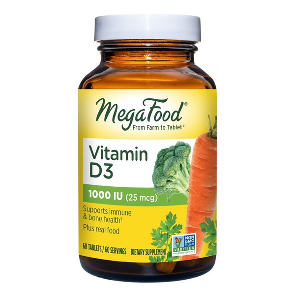 MegaFood Vitamin D3 1000 IU (25 mcg) - Immune Support Supplement - Bone Health - With easily-absorbed Vitamin D3 – Plus real food - Non-GMO, Vegetarian - Made Without 9 Food Allergens - 60 Tabs