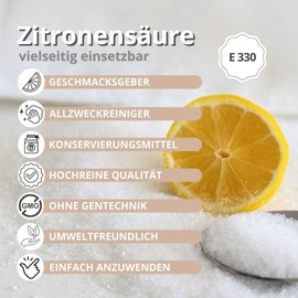 Zitronensäure 1 kg in Pulver, Monohydrat, Lebensmittelqualität E330, Entkalker, Reiniger, Citronensäure