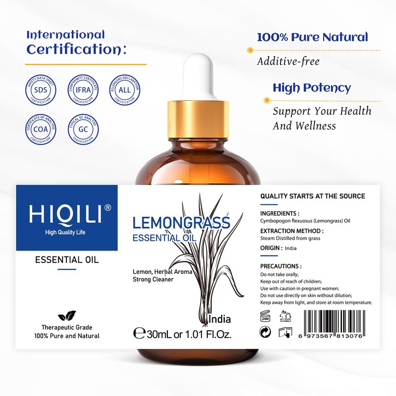 HIQILI 1 Fl Oz Lemongrass Essential Oil, 100% Pure Natural
